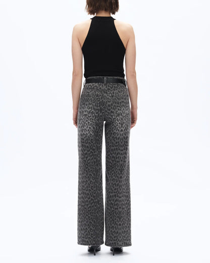 Charcoal Leopard Super Stretch High Rise Jeans with clean hem and subtle leopard print pattern. 