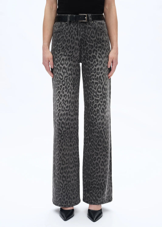 Charcoal Leopard Super Stretch High Rise Jeans with clean hem and subtle leopard print pattern.