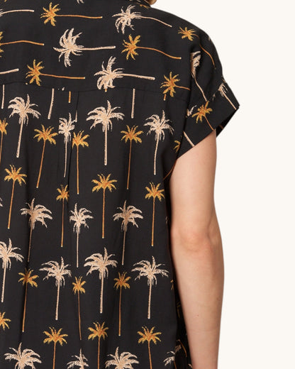 Close up back view of the Moonlit Tropics Button Down Shirt.