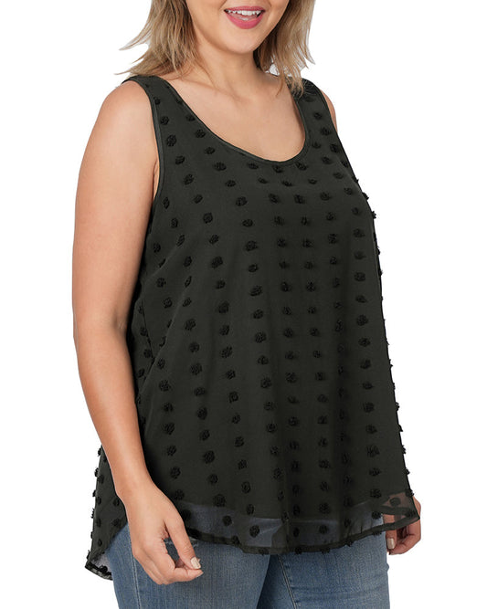 Curvy black sleeveless tank top with Swiss dot texture and relaxed fit.