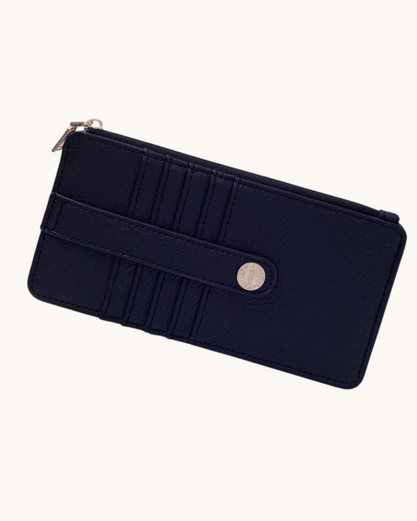 Navy blue wallet with a zipper on a white background.
