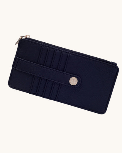 Navy blue wallet with a zipper on a white background.