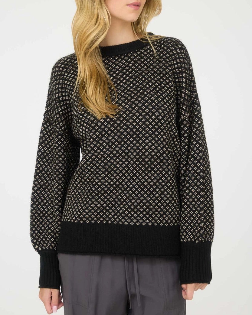 Black and Tan mini jacquard crew neck wool blend sweater.