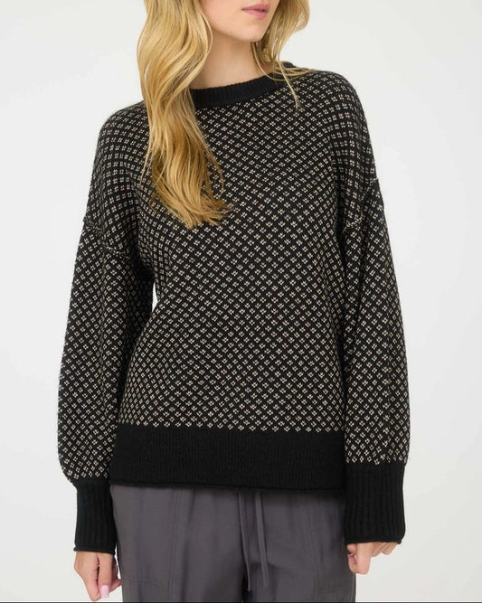 Black and Tan mini jacquard crew neck wool blend sweater.