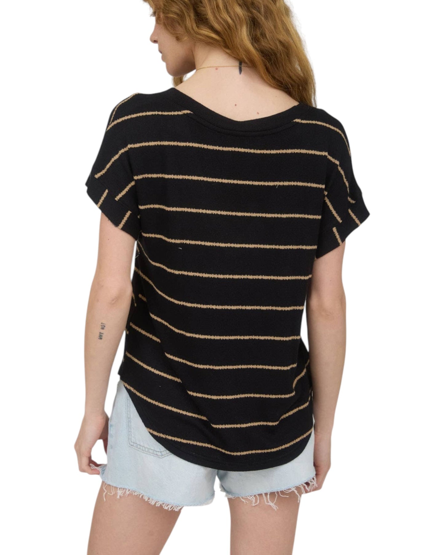 Black and Tan Striped Short Sleeve V-Neck Knit Top