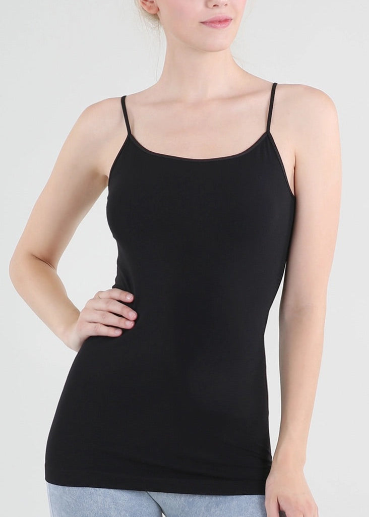 Woman wearing basic round neck black camisole with soft stretchy fit, made in the USA.