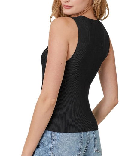 Black ribbed sleeveless top worn by a person on a white background