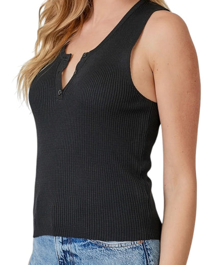 Black ribbed tank top worn by a person on a white background.