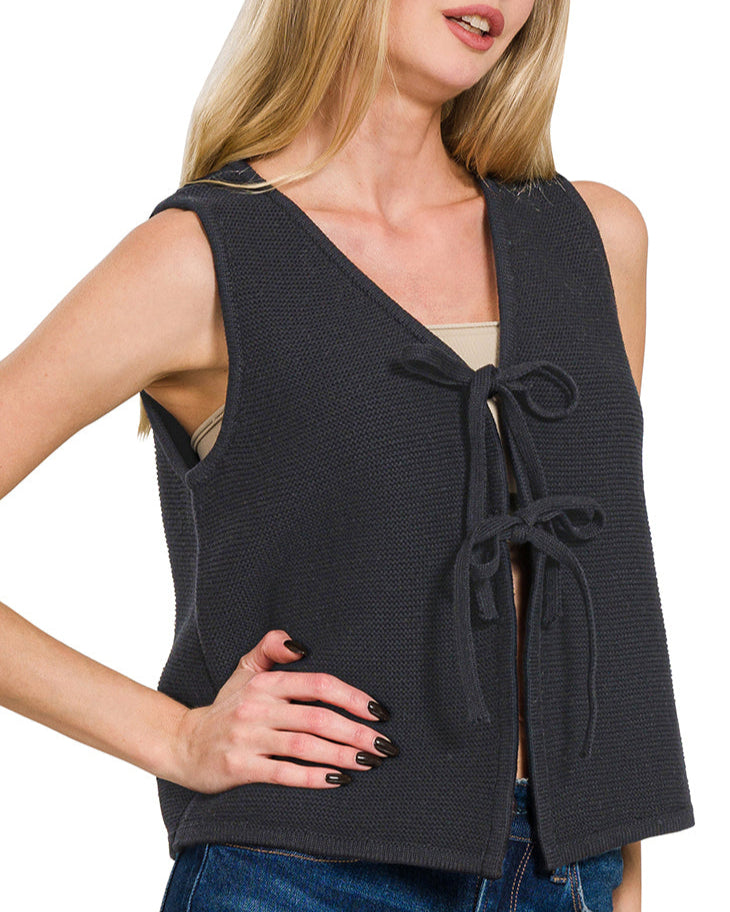 Black Tie Front Cotton Sleeveless Cardigan 