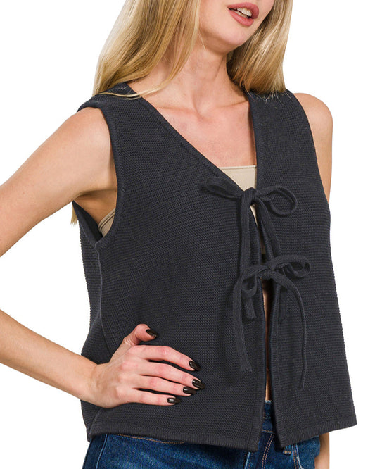 Black Tie Front Cotton Sleeveless Cardigan 