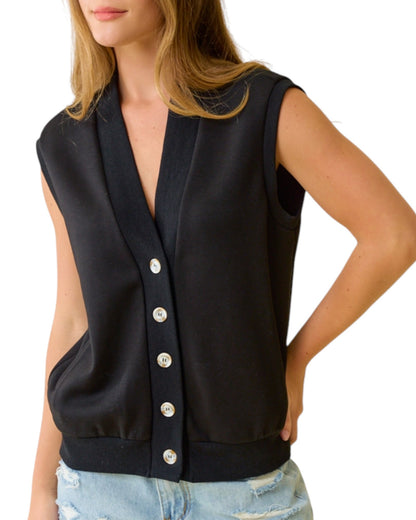 Black Button Front Sleeveless Vest