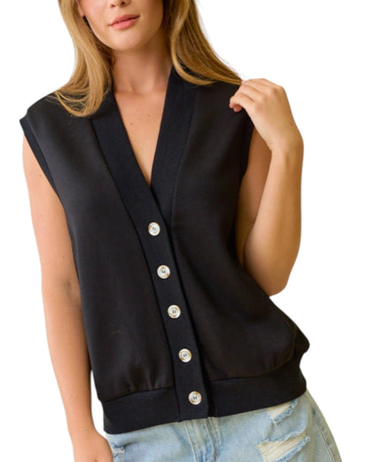 Black Button Front Sleeveless Vest