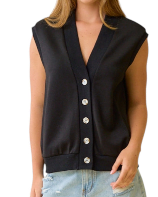 Black Button Front Sleeveless Vest