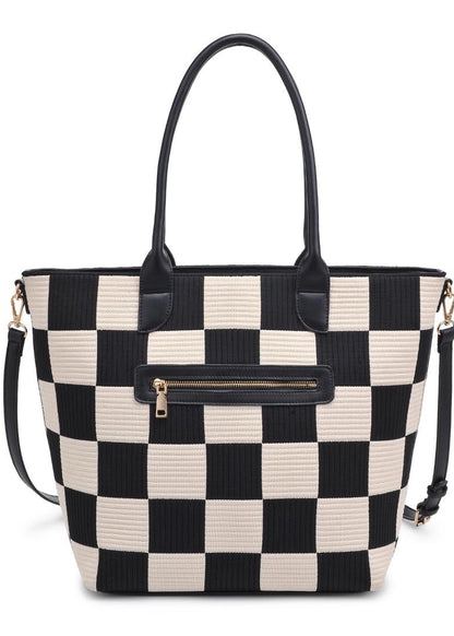 Black and white checkered tote bag with a gold zipper on a white background.