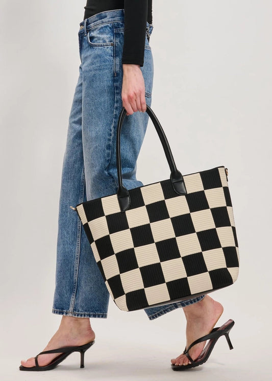 Carly Black & Ivory Checkered Tote Bag with shoulder strap and handles.