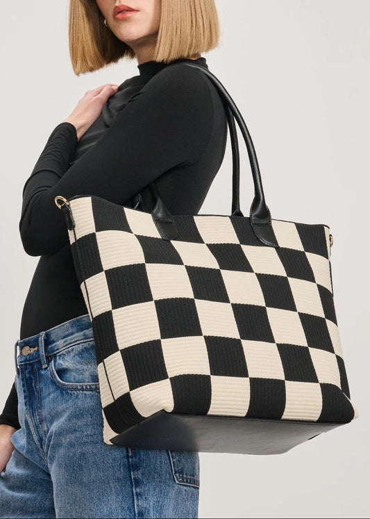 Carly Black & Ivory Checkered Tote Bag with shoulder strap and handles. 