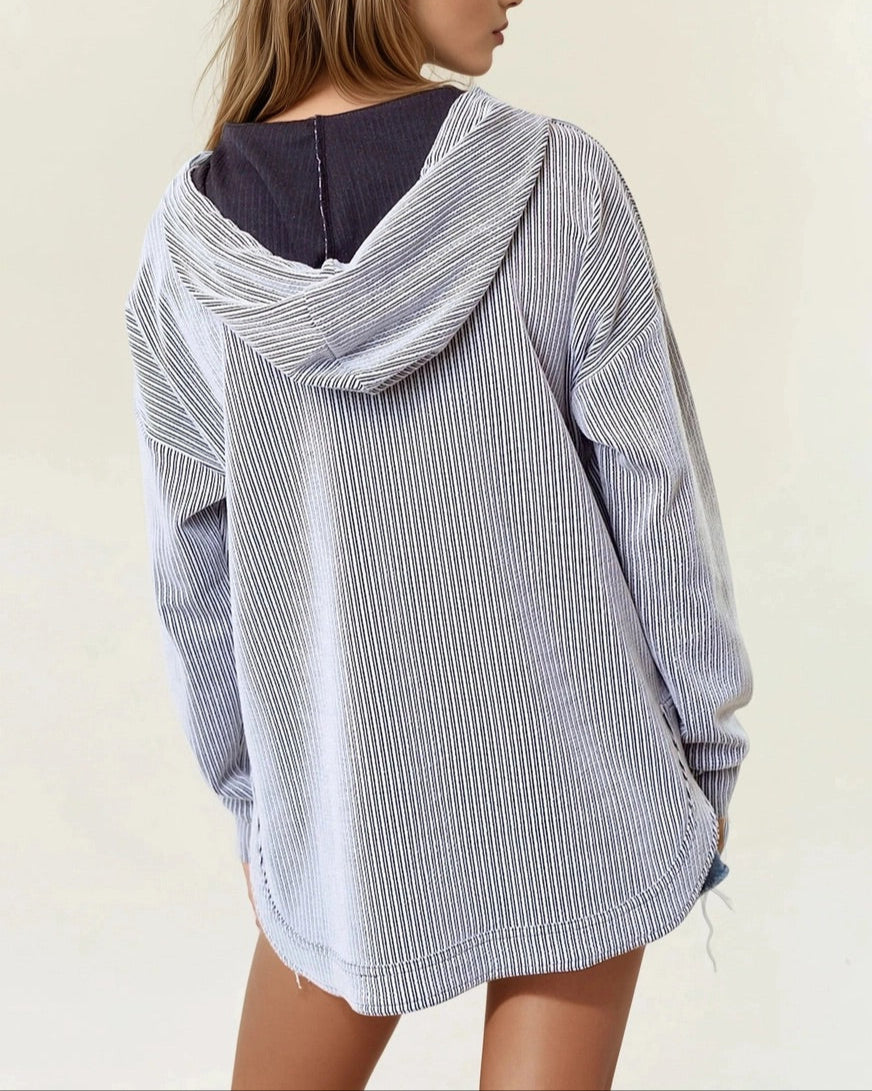 Off white and black striped ribbed hoodie with V neckline. 
