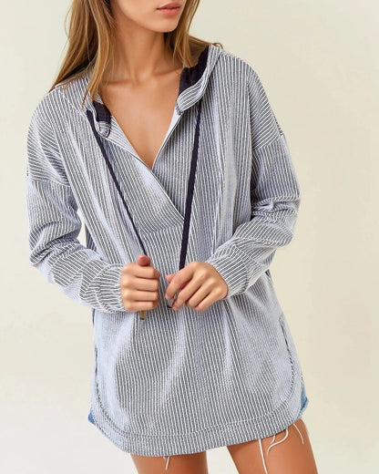 Off white and black striped ribbed hoodie with V neckline.