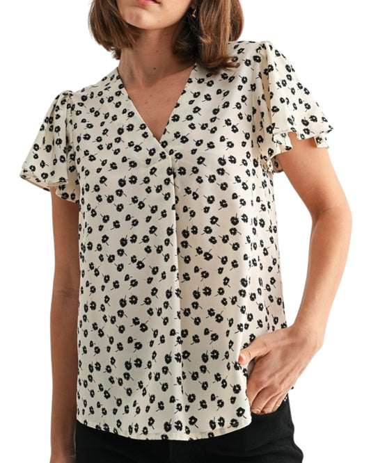 Black & Ivory Flutter Sleeve Floral Blouse