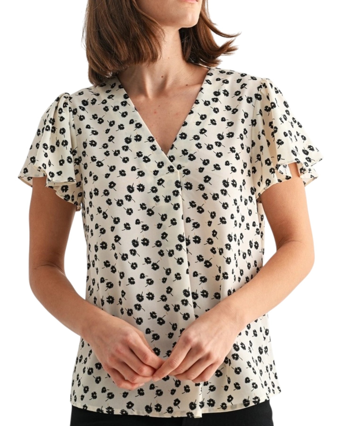 Black & Ivory Flutter Sleeve Floral Blouse
