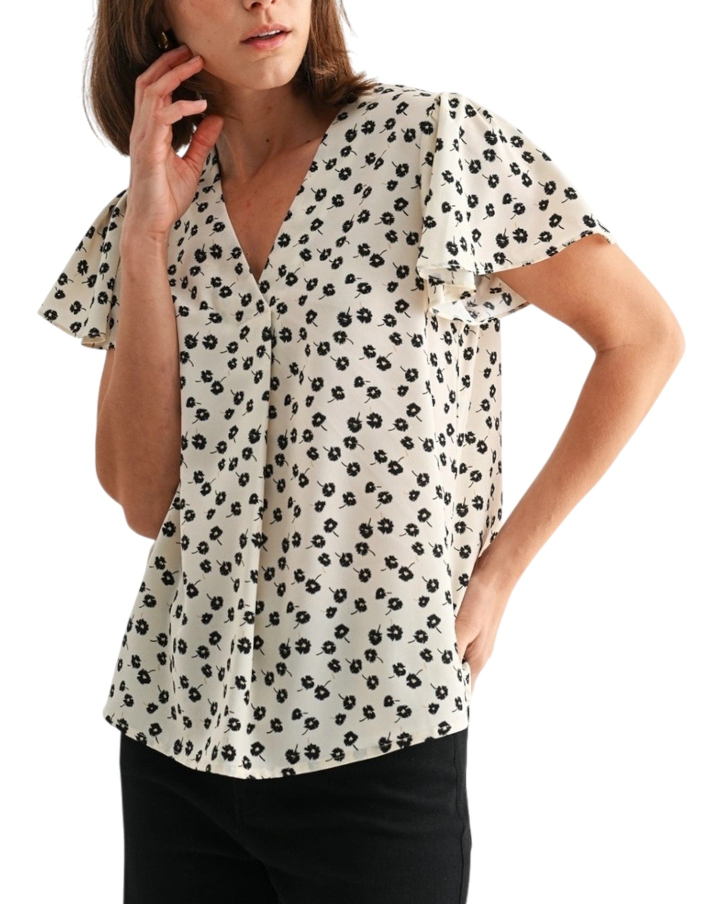 Black & Ivory Flutter Sleeve Floral Blouse
