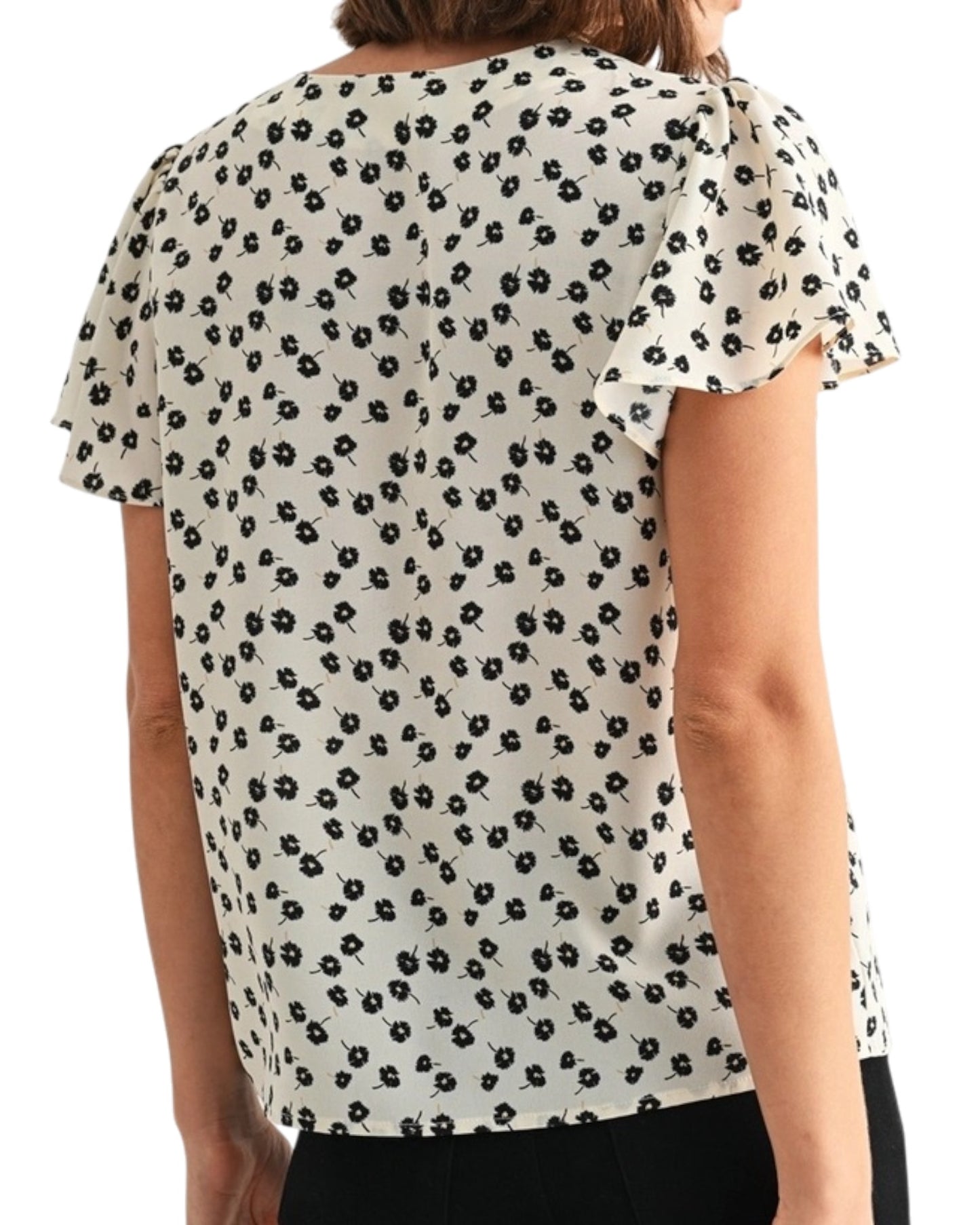 Black & Ivory Flutter Sleeve Floral Blouse