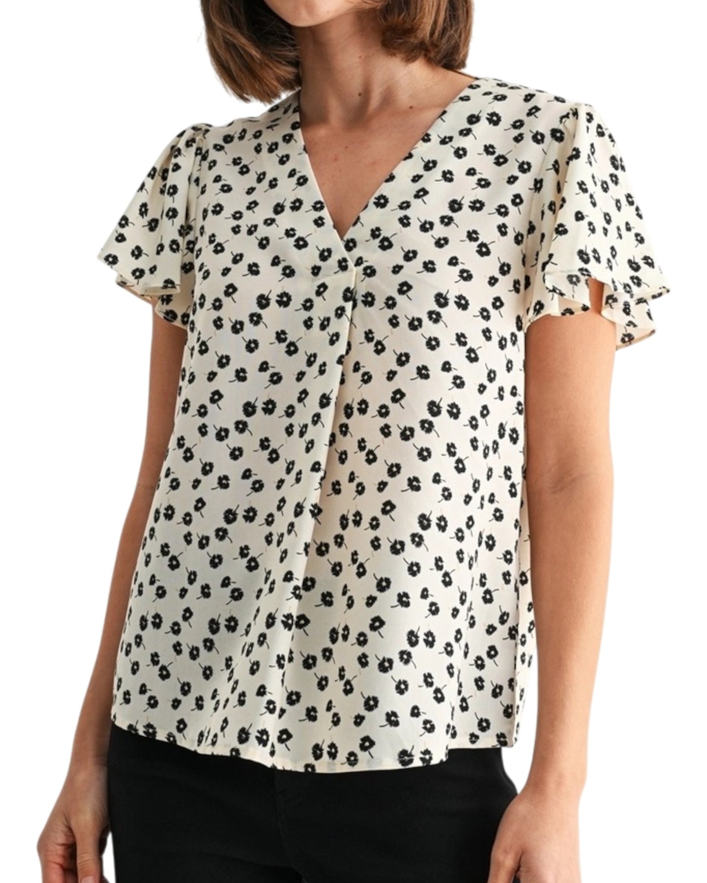 Black & Ivory Flutter Sleeve Floral Blouse