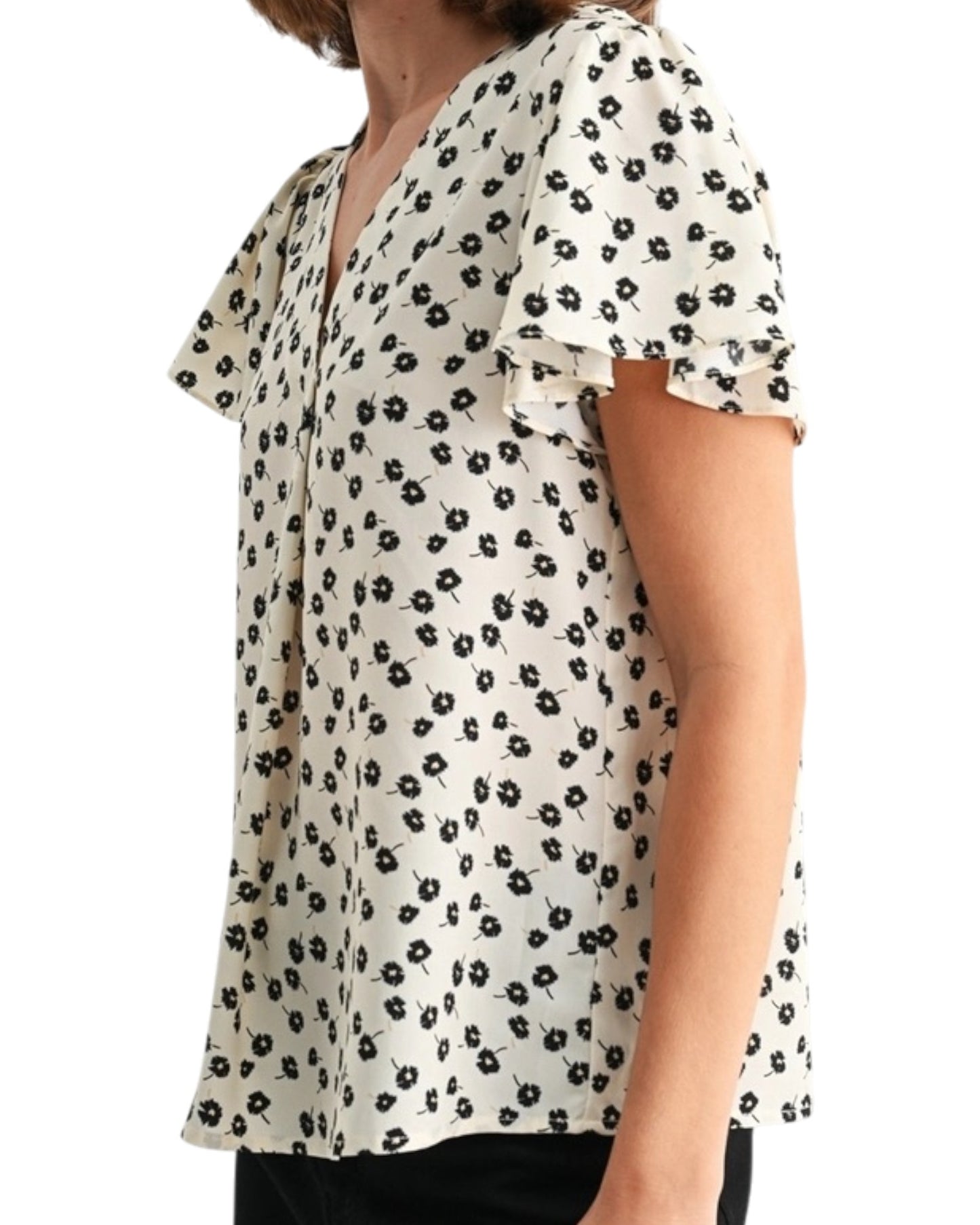 Black & Ivory Flutter Sleeve Floral Blouse