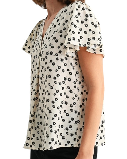 Black & Ivory Flutter Sleeve Floral Blouse