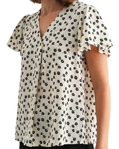 Black & Ivory Flutter Sleeve Floral Blouse