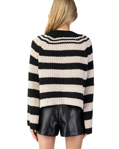 Black & Tan Striped Bell Sleeve Sweater with bold stripes, notched neckline, and a slightly cropped fit featuring side slits and flowy bell sleeves.