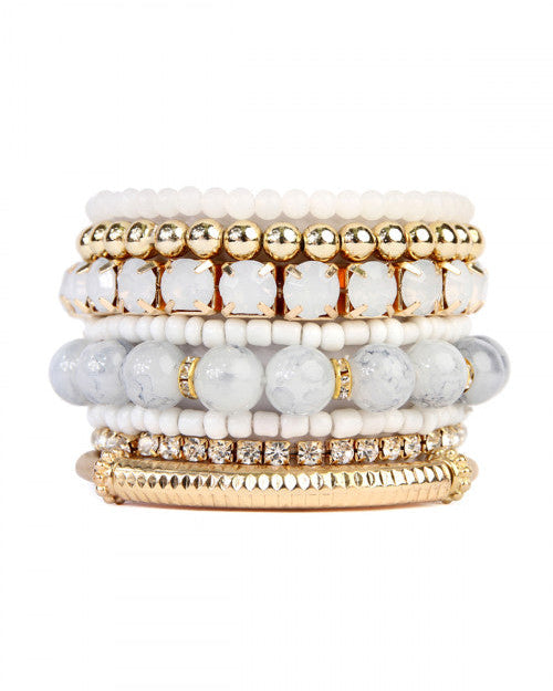 White and gold stackable bead, stone and metal stretch bracelet set. 
