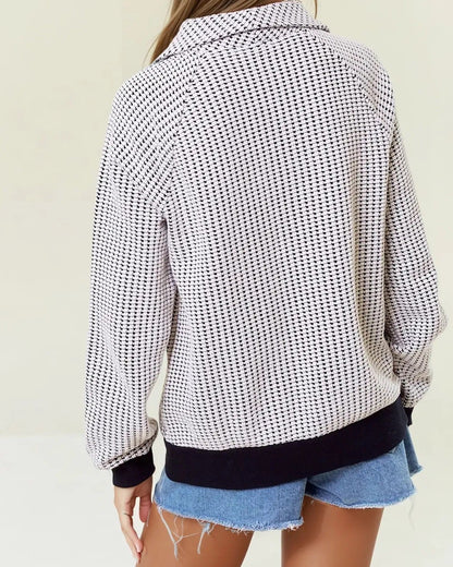 Two-tone black and white cotton waffle collared sweatshirt. 