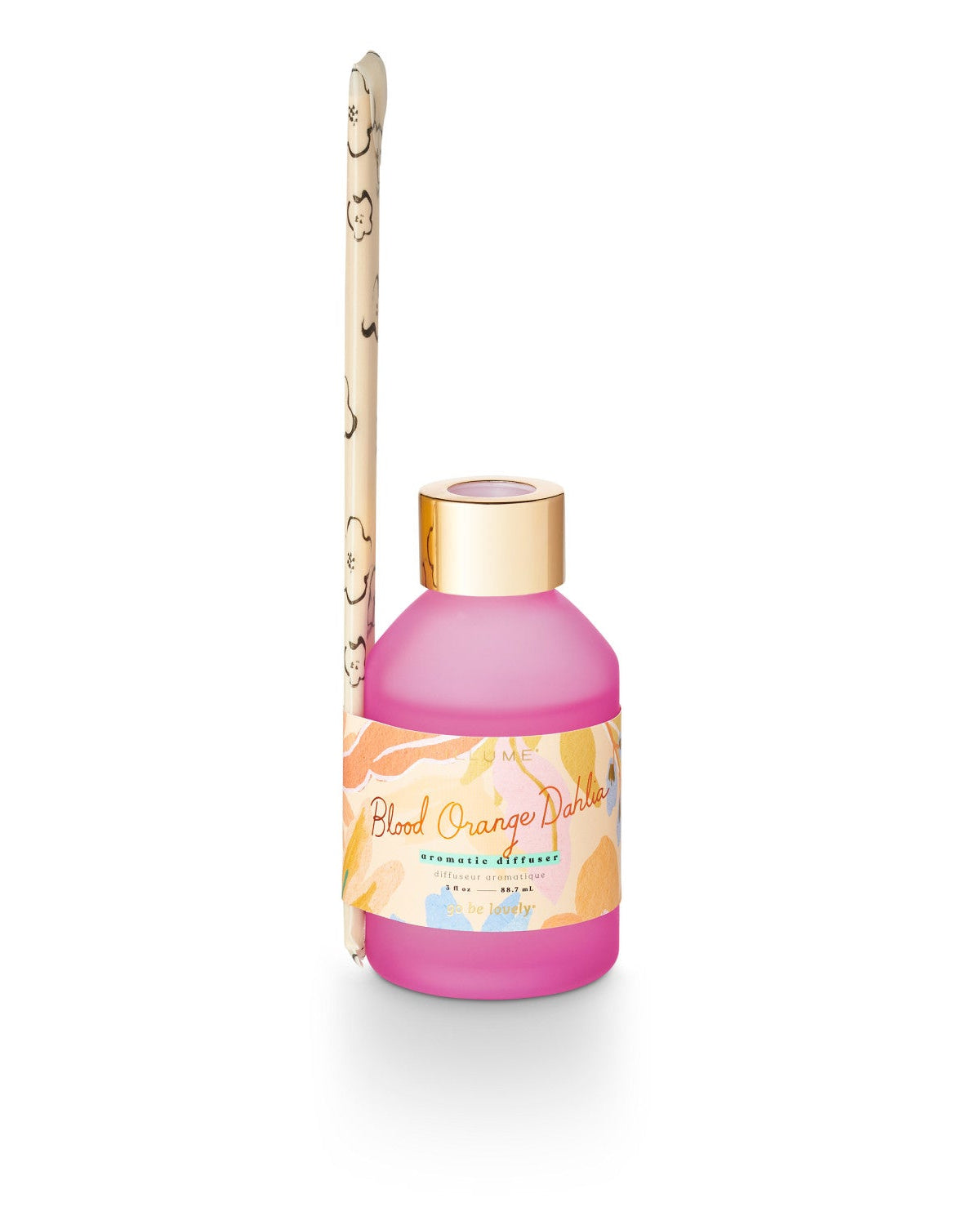 Pink diffuser with a gold cap on a white background.