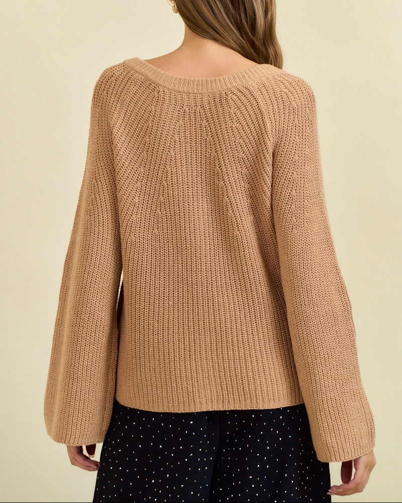 Tan ribbed button cardigan with blouson sleeves and gold buttons.