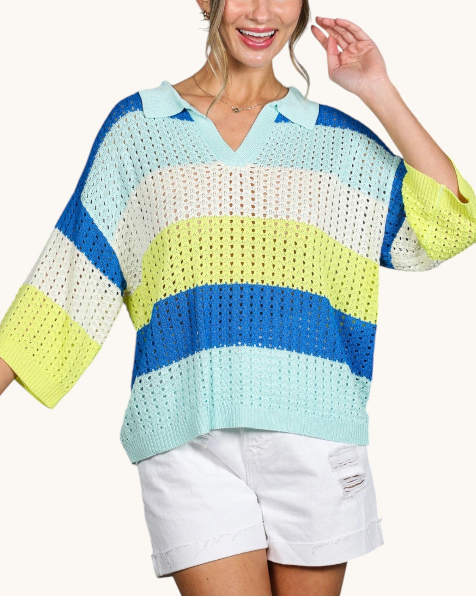 Colorblock crochet knit top with straight hem and relaxed oversized silhouette