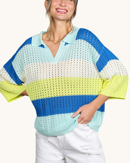 Seabreeze Colorblock Open Knit Top styled casually, detail of open crochet knit texture