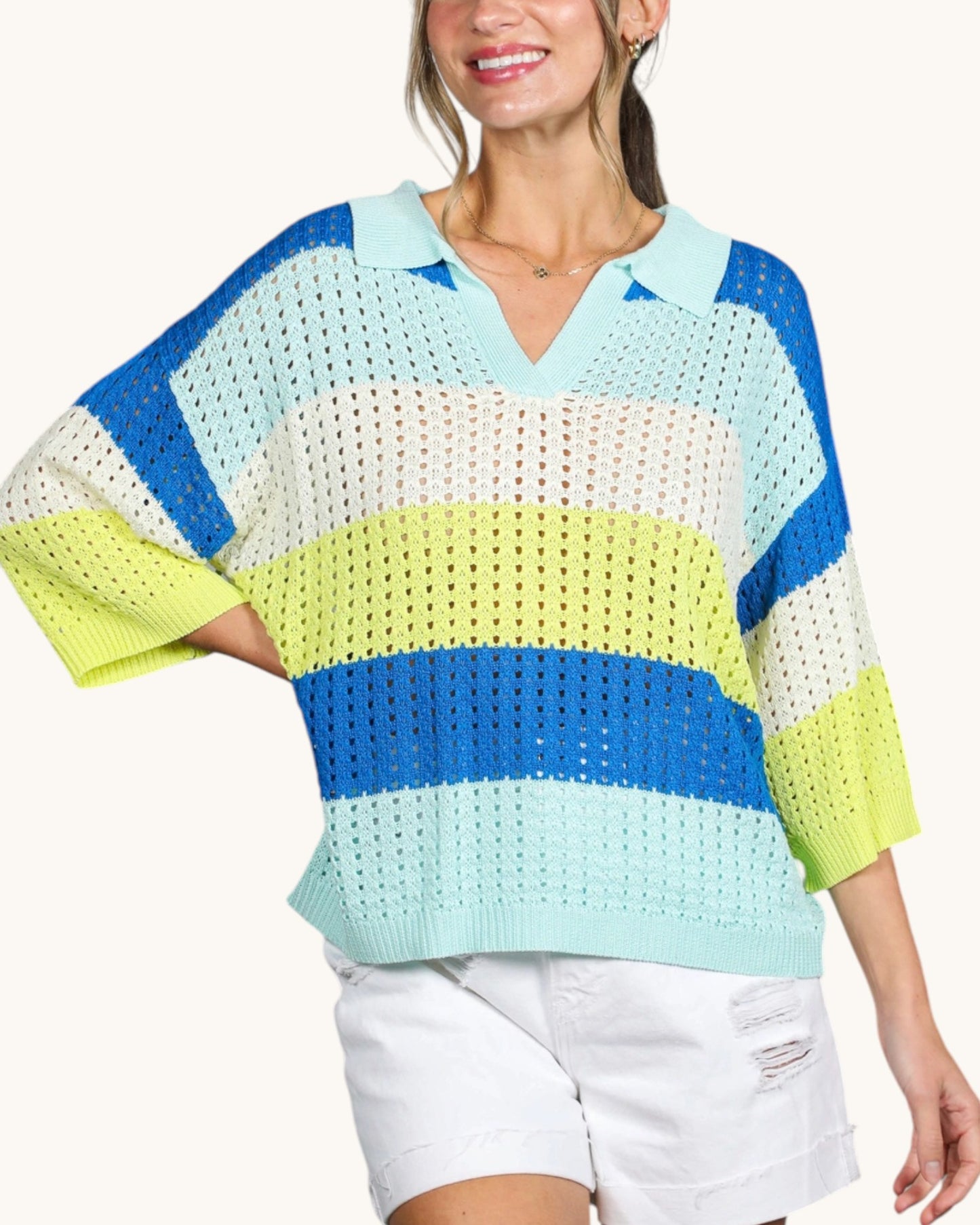 Seabreeze Colorblock Open Knit Top in blue, green and white crochet knit, front view.