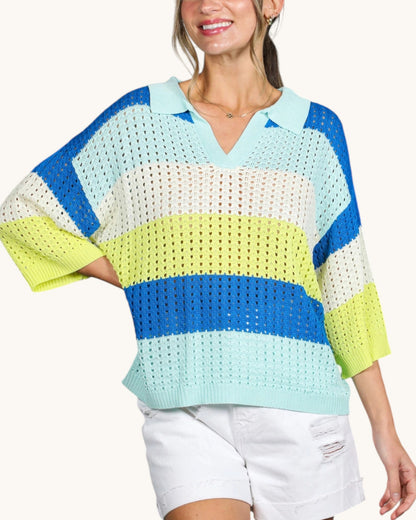 Seabreeze Colorblock Open Knit Top in blue, green and white crochet knit, front view.