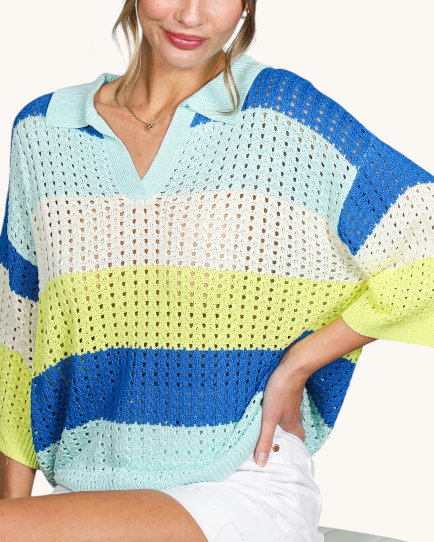 Blue green colorblock open knit sweater top with polo color and v-neck.