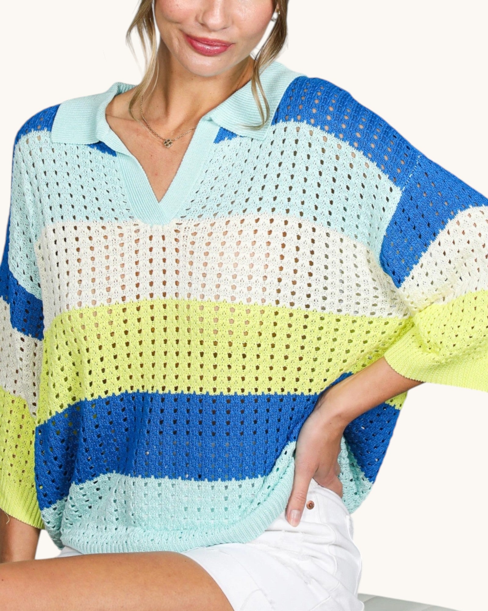 Blue green colorblock open knit sweater top with polo color and v-neck.