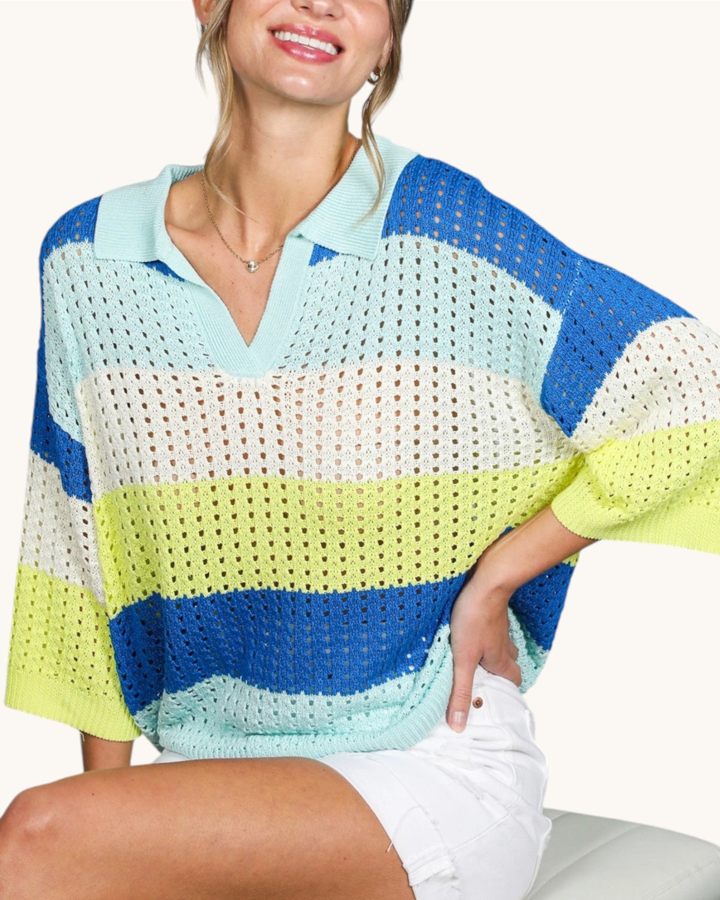 Seabreeze Colorblock Open Knit Top showing ribbed sleeve hem detail.