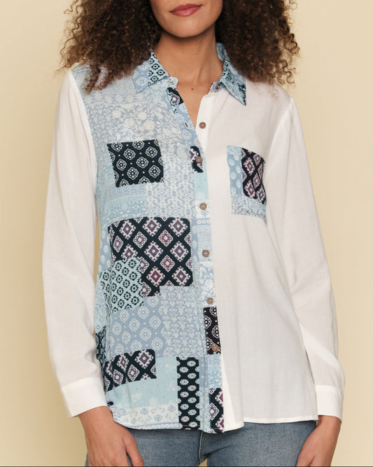 White and blue mixed print button-down shirt with bust pocket.