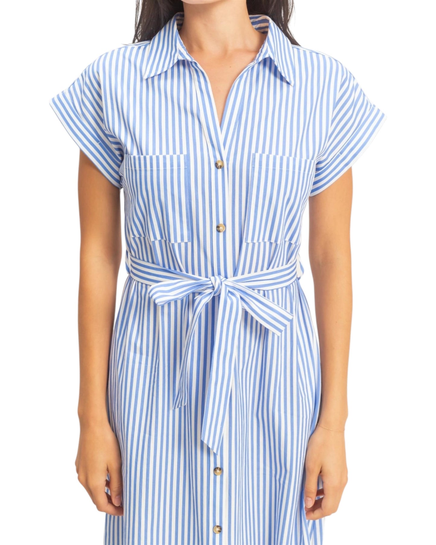 Woman wearing a blue and white striped dress on a white background.