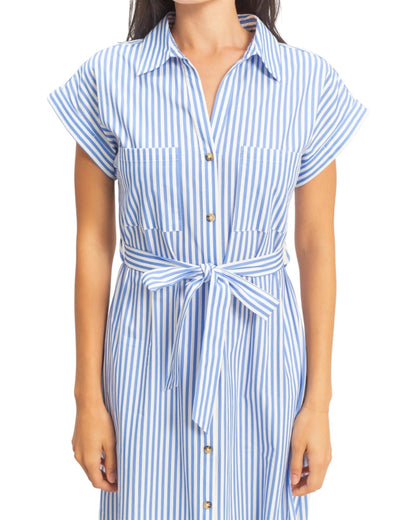 Woman wearing a blue and white striped dress on a white background.