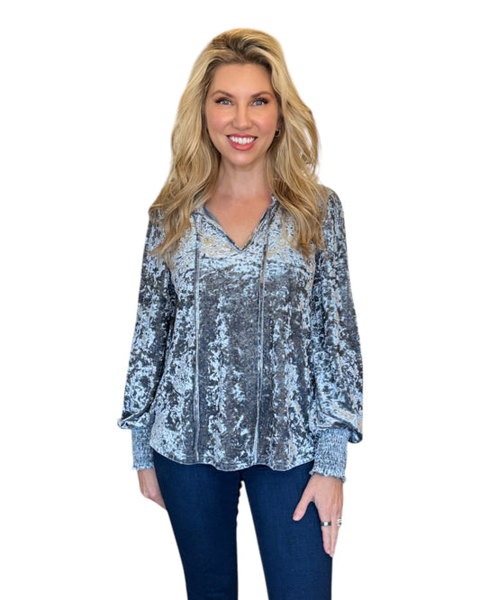 Ice Blue Crushed Velvet Long Sleeve Top