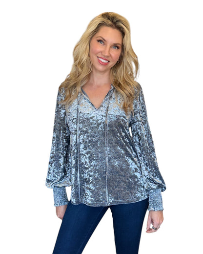 Ice Blue Crushed Velvet Long Sleeve Top