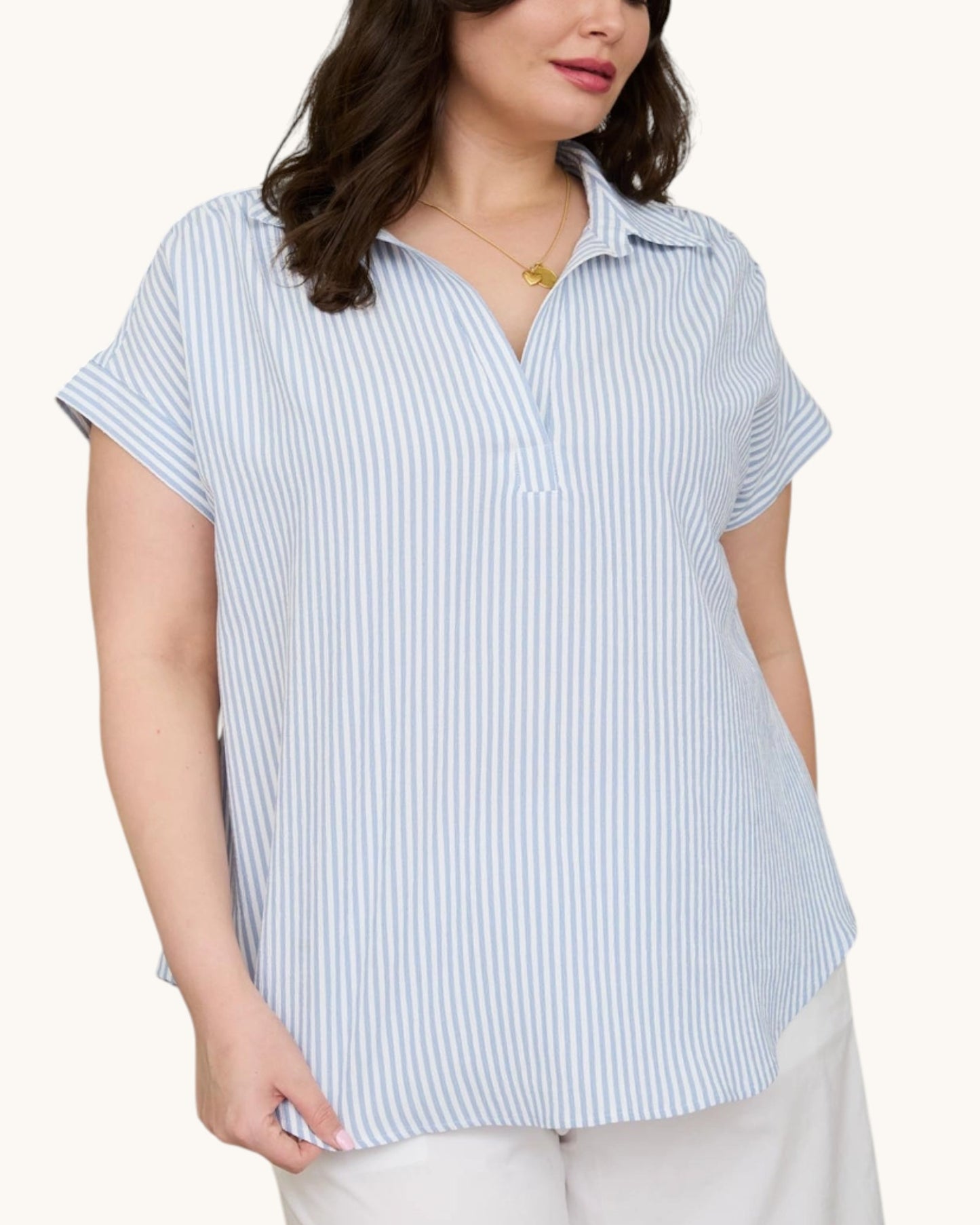 Coastal Classic Blue & White Striped Top, front view.