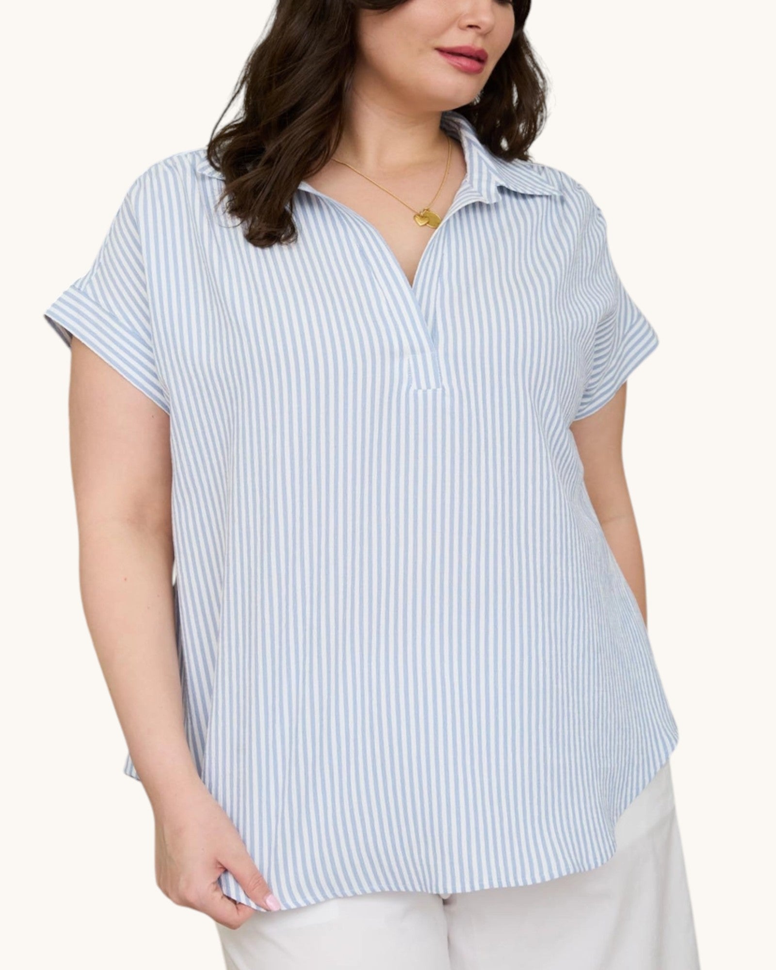 Coastal Classic Blue & White Striped Top, front view.
