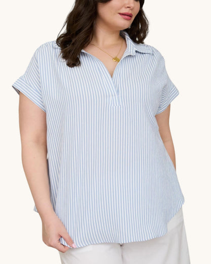Coastal Classic Blue & White Striped Top, front view.